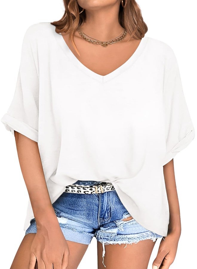 UEU Womens Summer Tops V Neck Short Sleeve Loose Fitting Gym Yoga Shirts Medium Milky White - Image 1